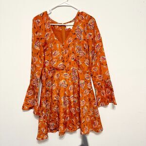 J.O.A. Womens Dress L New Rust Orange Purple Floral Mini Bell Long Sleeve